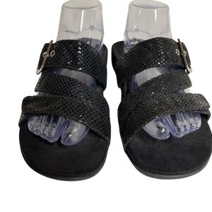 Vionic Skylar Flat Sandals Womens Size 9 Black Strappy Orthotic Snake Embossed